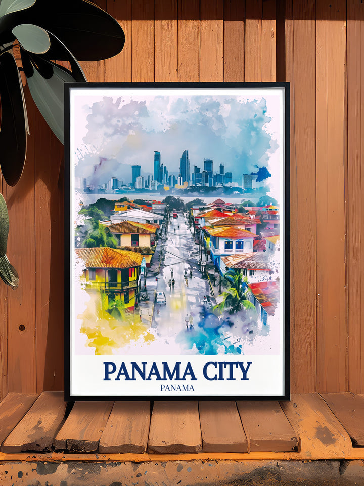 Elegant coastal decor featuring Casco Viejo Panama City skyline artwork perfect for creating a serene and inviting atmosphere