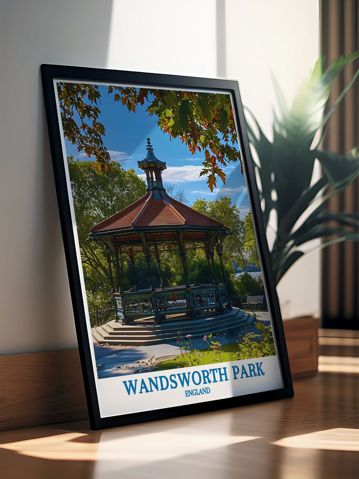 A stunning representation of Wandsworth Park, this poster emphasizes the parks historical charm and vibrant community spirit. Perfect for art collectors and travelers who wish to bring a piece of Londons rich heritage into their living spaces, it offers a blend of history and art, capturing the essence of this beloved park.