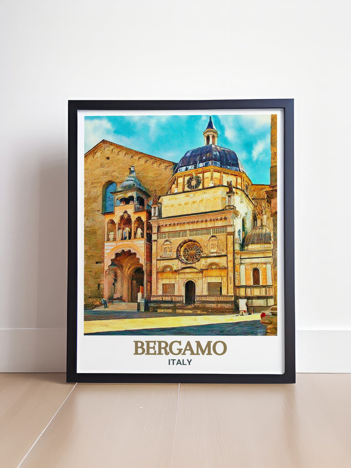 Travel poster of Basilica di Santa Maria Maggiore in Bergamo. Showcasing the vibrant essence and intricate details of this iconic landmark. Perfect for adding a touch of Italys beauty to your home decor. High quality print on professional matt archive paper.