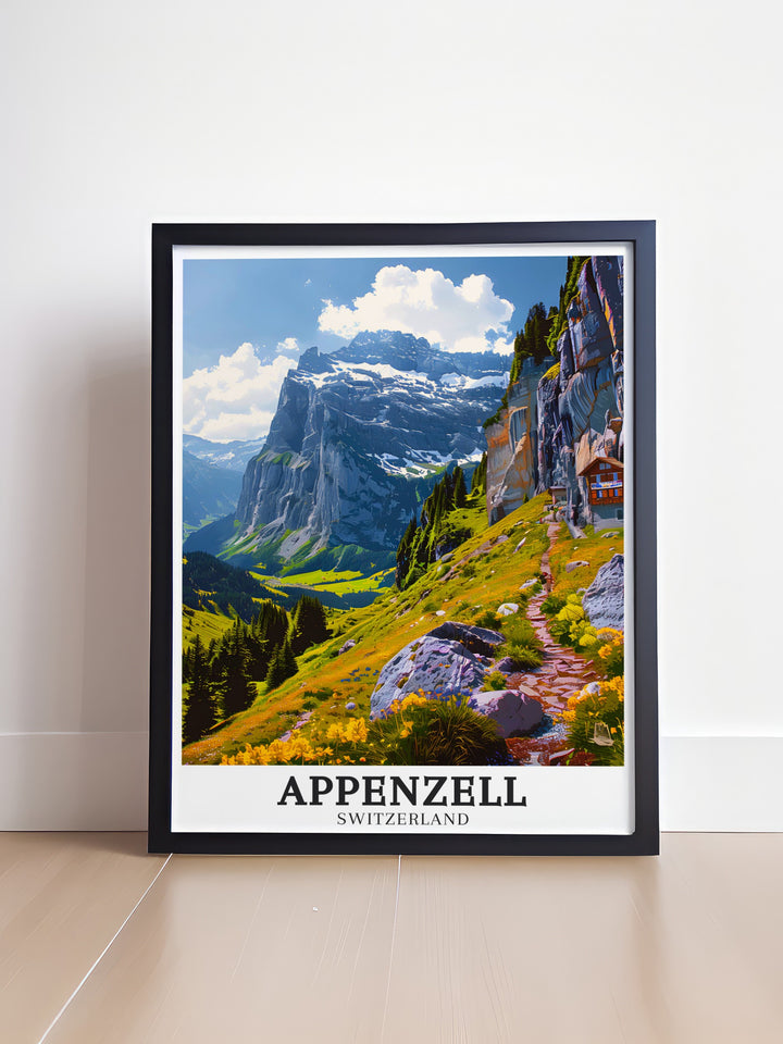 Appenzell vintage poster portraying the idyllic Swiss village set against the stunning backdrop of Ebenalp Mountain and the iconic Aescher guesthouse. This print adds a touch of Swiss tradition to any space.