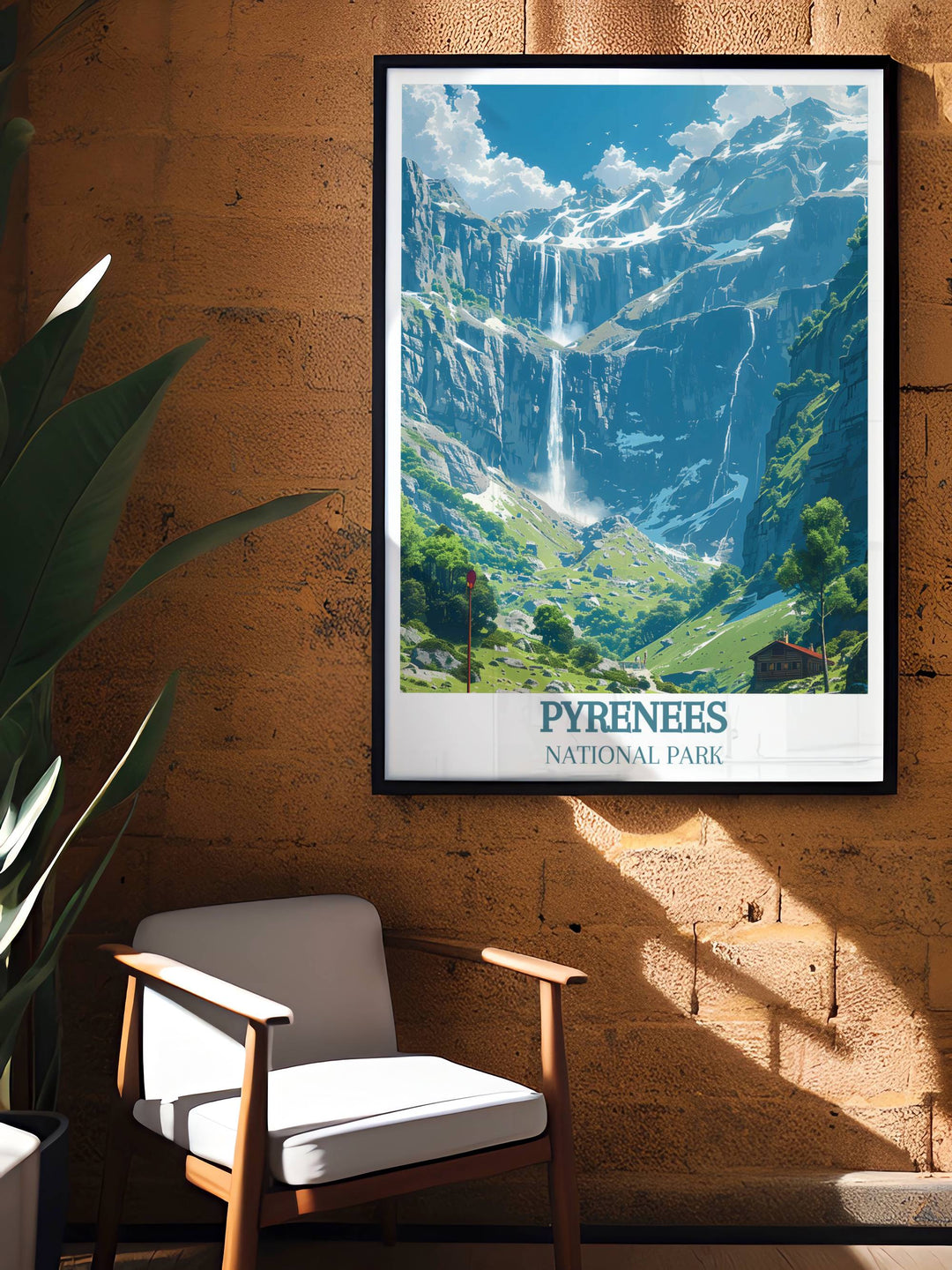 Vintage National Park poster highlighting Cirque de Gavarnie a stunning representation of the Pyrenees landscape ideal for elegant living spaces.