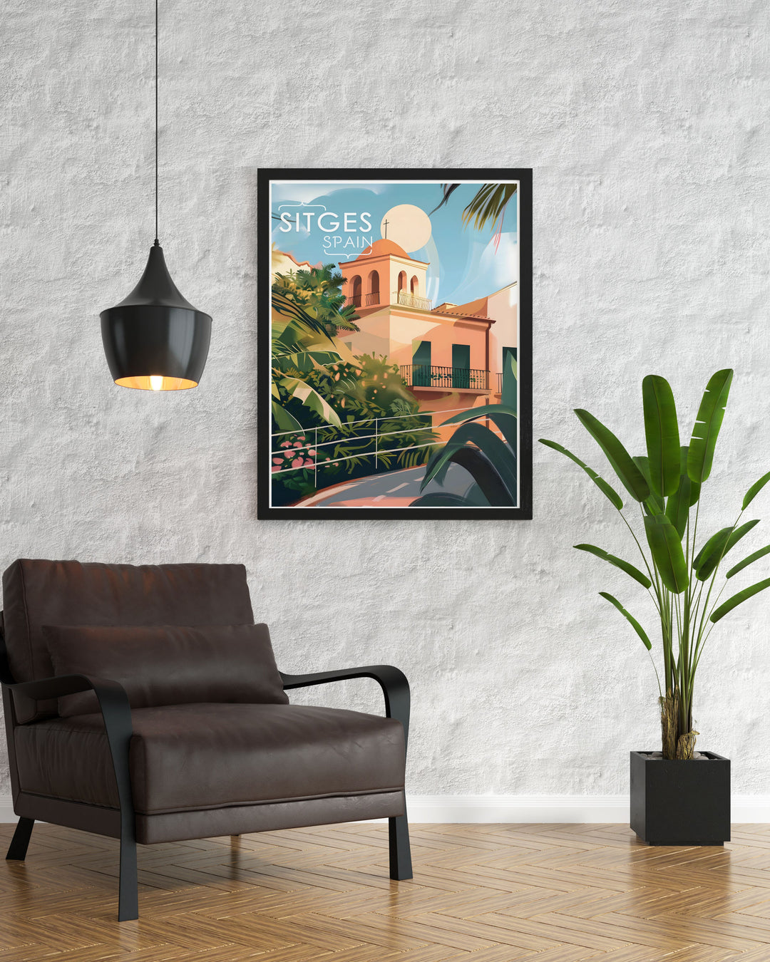 Add a touch of Spanish elegance to your home with this Sitges travel poster. Featuring the Church of Sant Bartomeu i Santa Tecla, this detailed art print captures the essence of Spains Mediterranean charm, making it a standout addition to your wall art collection.