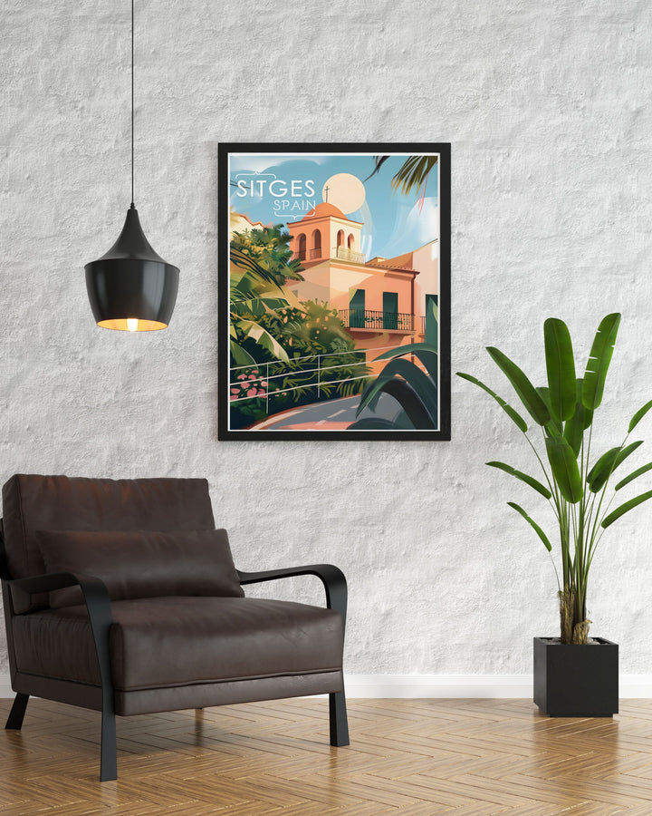 Add a touch of Spanish elegance to your home with this Sitges travel poster. Featuring the Church of Sant Bartomeu i Santa Tecla, this detailed art print captures the essence of Spains Mediterranean charm, making it a standout addition to your wall art collection.