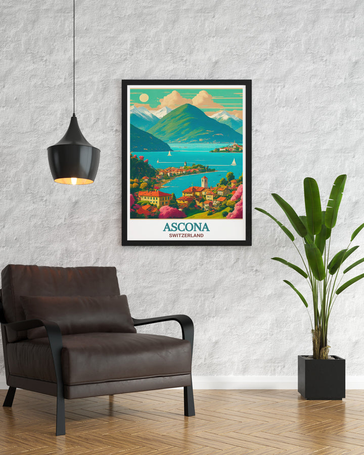 Switzerland canvas art featuring the breathtaking views of Lake Maggiore, blending the serenity of the lake with the grandeur of the surrounding mountains. Perfect for lovers of Swiss landscapes.