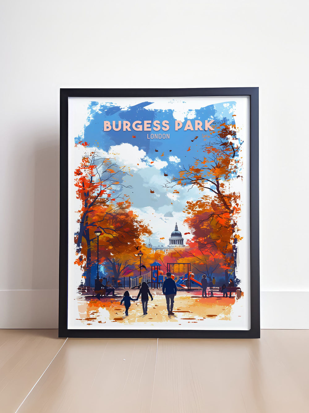 Beautiful framed art of Burgess Park Playground in South East London, highlighting the colorful and inviting play area set against the backdrop of mature trees and expansive lawns, ideal for any art collection.