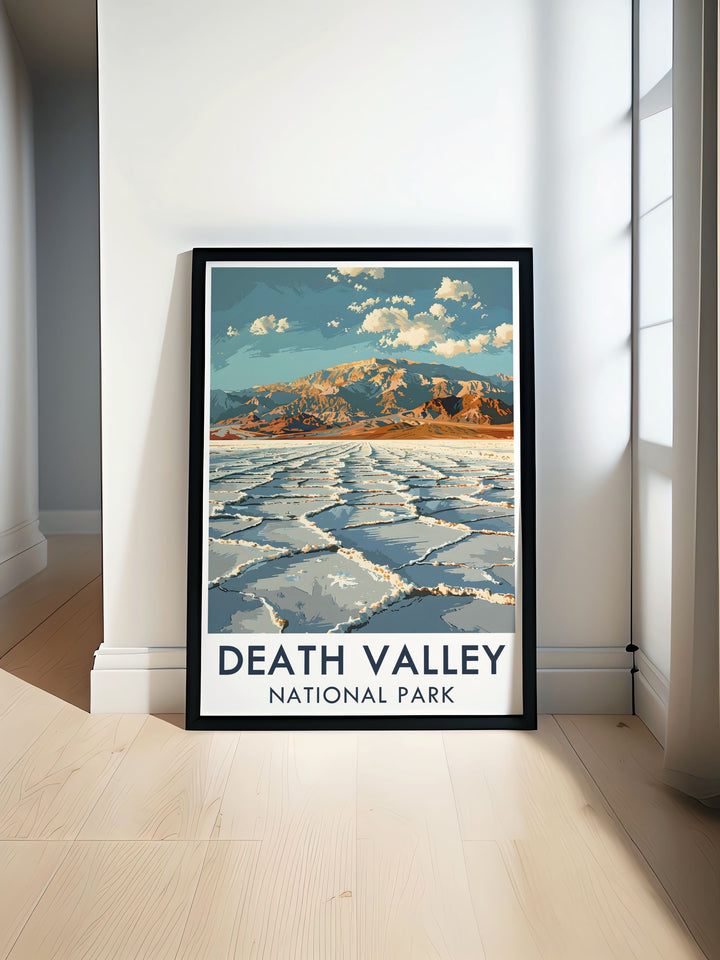 Travel poster featuring Badwater Basin in Death Valley, highlighting the surreal salt flats and vast open spaces of the park, ideal for adding a touch of desert beauty to your decor.