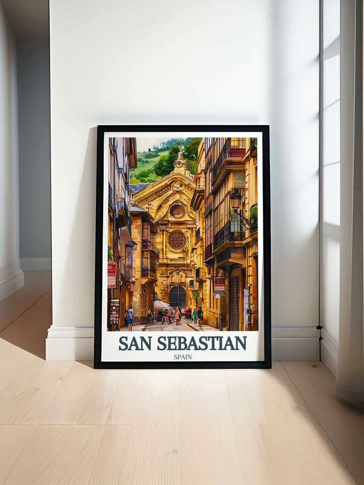 San Sebastian Print featuring Old Town and Santa Maria Church perfect for adding a touch of elegance to your home decor vibrant and colorful this art print captures the beauty of San Sebastian ideal for anniversary birthday and Christmas gifts