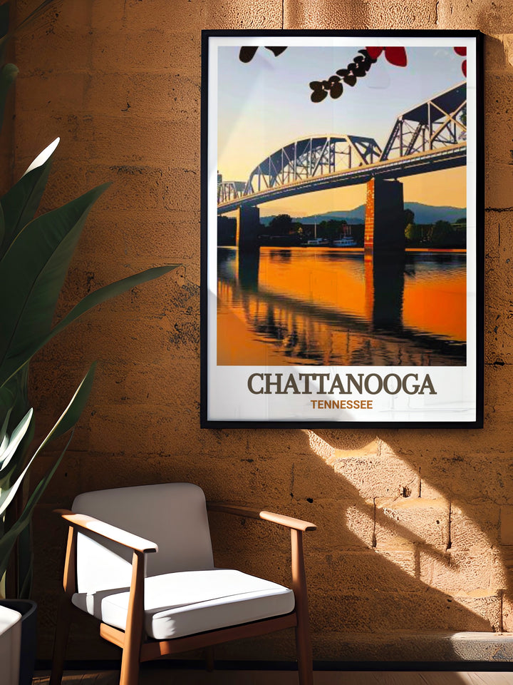 Walnut Street Bridge Wall Art in a black and white theme capturing the historic bridge and surrounding Chattanooga landmarks this fine line print adds depth and character to any living room or office space