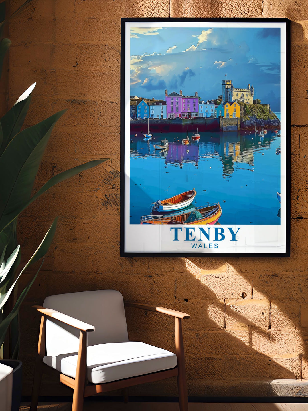 Vintage travel print of Tenby Harbour showcasing the historic beauty of the Pembrokeshire Coast. Perfect for adding a retro touch to your home this art deco print is a great way to bring the seaside into your living room decor