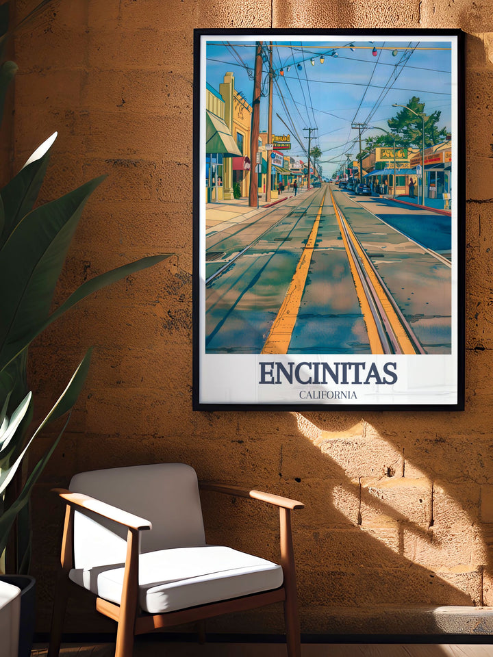 Coastal themed Encinitas decor with a stunning poster of Downtown Encinitas Coast Highway 101 showcasing the picturesque beaches and charming cityscape perfect for adding a touch of California style to any room