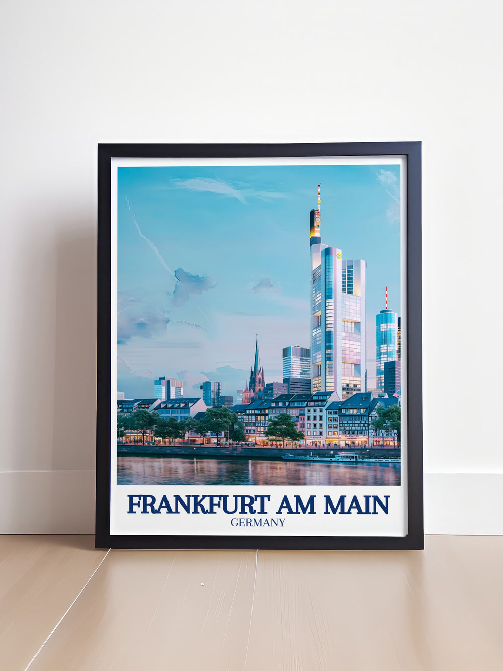 Elegant Frankfurt poster showcasing the iconic Commerzbank Tower St. Pauls Church and scenic River Main ideal for creating a sophisticated focal point in your living room or office with unique wall art