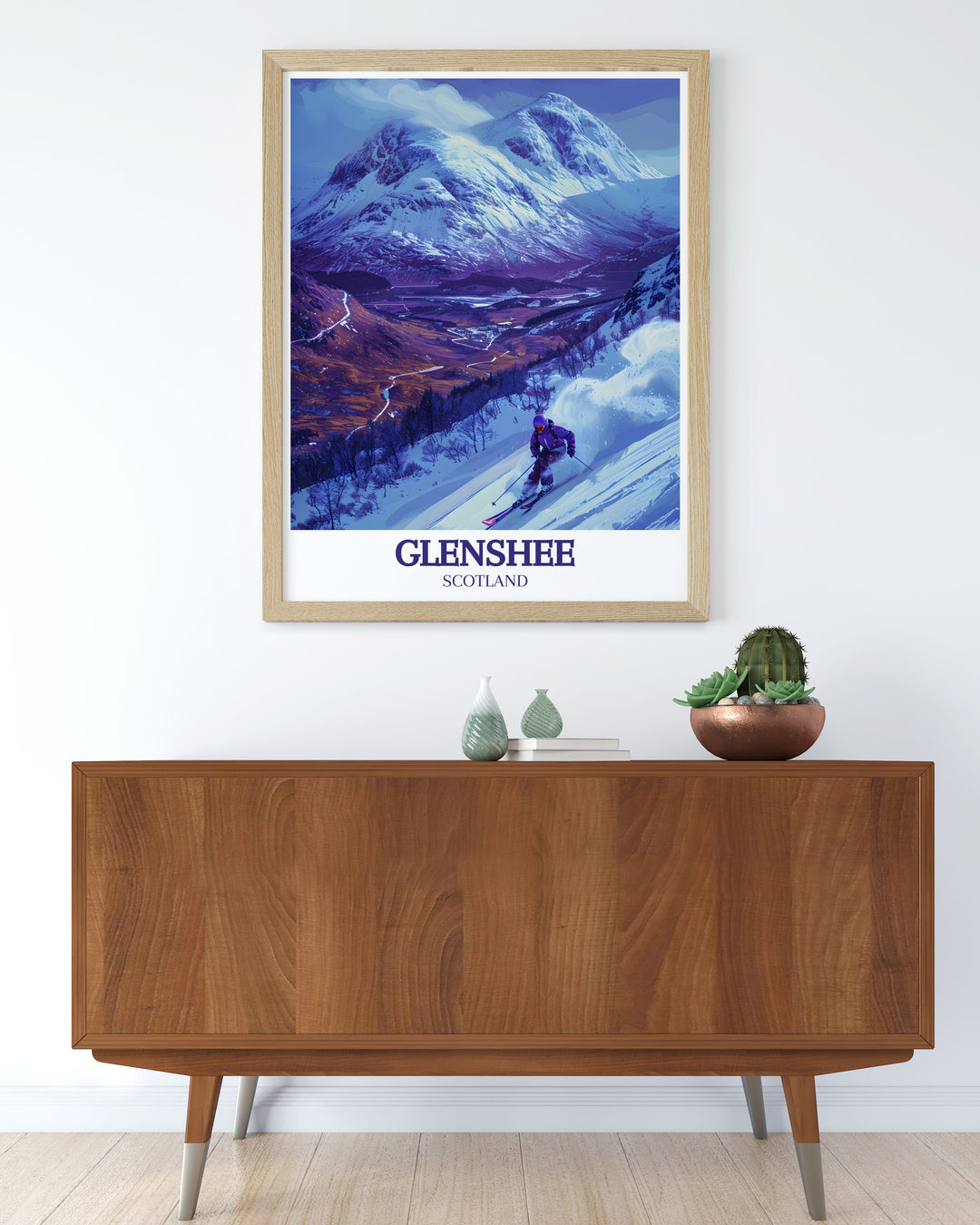 Featuring the breathtaking views of the Grampian Mountains, this travel poster captures their dramatic peaks and serene valleys. Ideal for those who love the outdoors, this artwork brings the natural beauty of Scotland into your decor.