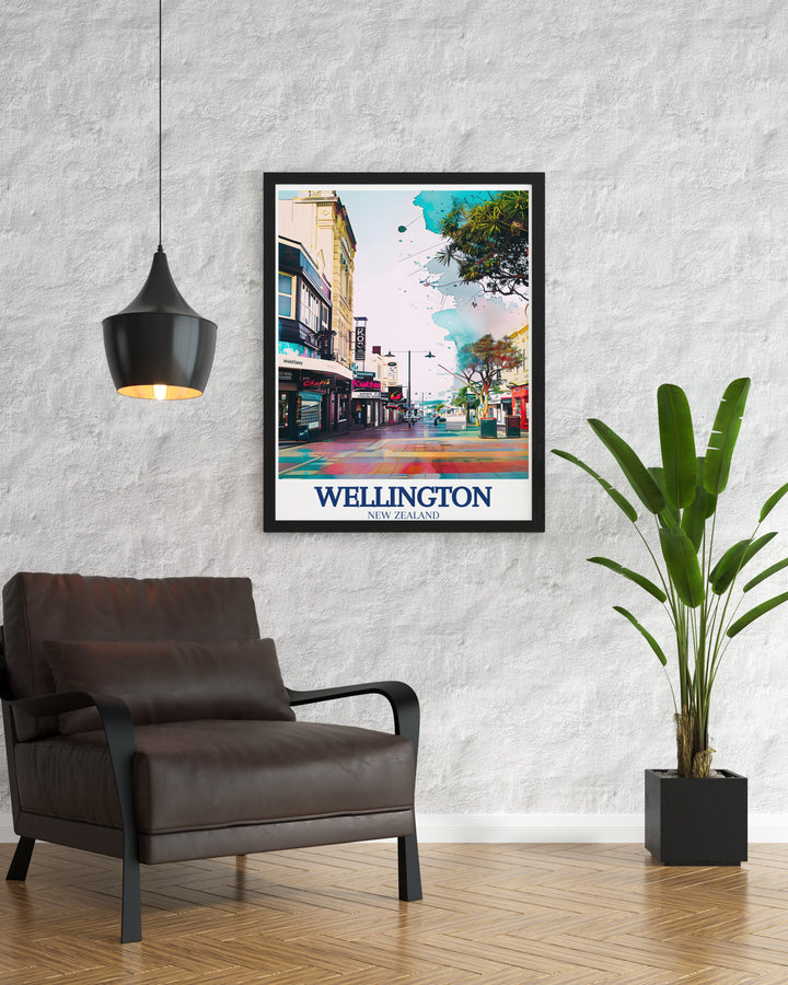 Wellington travel print brings the artistic and cultural spirit of Cuba precinct to life. This detailed artwork is perfect for those who appreciate the creative energy of New Zealands capital, offering a unique and vibrant addition to any art collection.