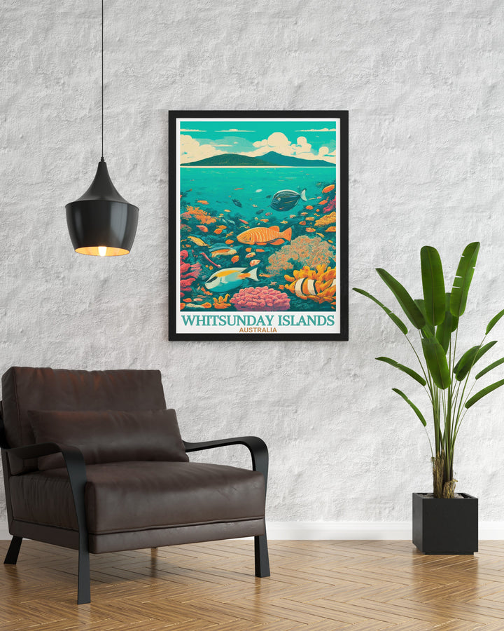 Stunning Whitsunday wall art capturing the beauty of the Whitsunday Islands and the Great Barrier Reef vibrant colors and serene landscapes make this travel poster a perfect addition to any living room or office space.