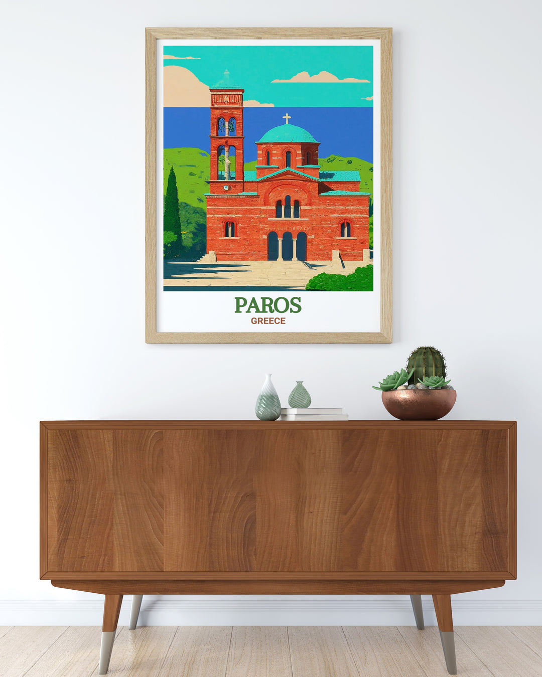 Add a touch of Greek history to your space with this framed art of Panagia Ekatontapiliani, Paros. The timeless appeal of this ancient church is captured in intricate detail, ideal for those who appreciate Greeces cultural heritage.