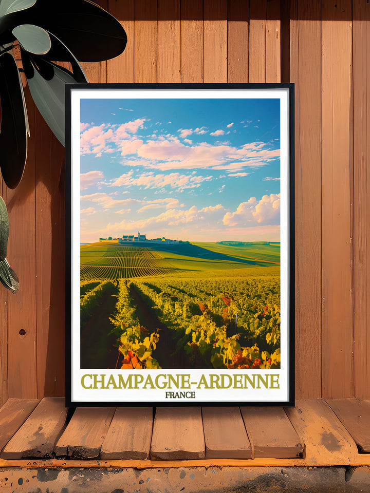 Elegant Montagne de Reims framed print highlighting the scenic beauty of the French countryside. Perfect for home decor, this France travel poster captures the essence of Champagne Ardenne with vibrant colors and detailed artistry.
