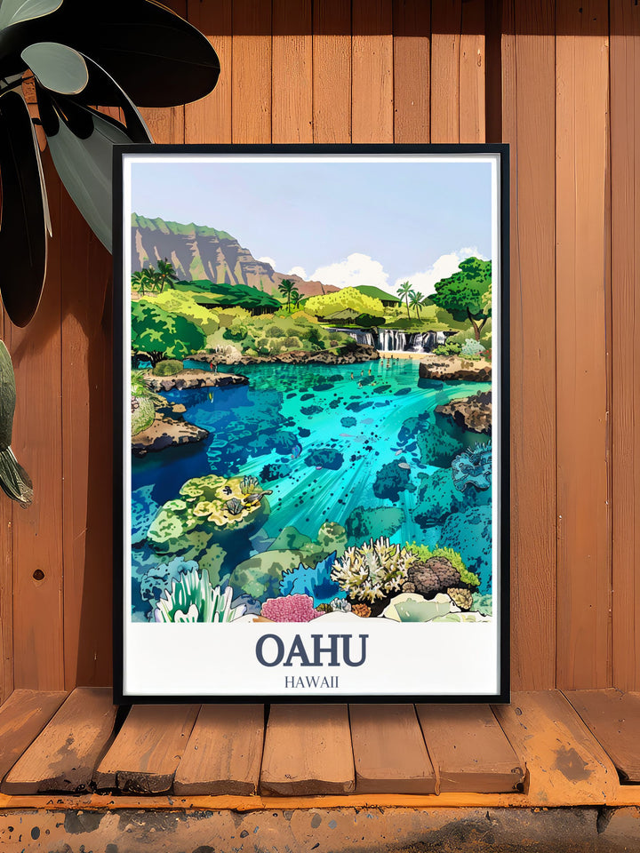 A beautiful Oahu travel print showcasing the iconic Hanauma Bay and Manoa Falls. Add a tropical touch to your home décor with this vibrant Hawaii wall art, ideal as a unique travel gift for any occasion.