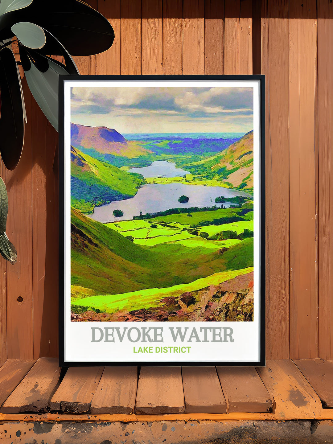 This vintage travel poster features the calm waters of Devoke Water, set against the backdrop of the rugged Lake District. A perfect addition for those who appreciate classic travel art with a touch of Cumbrias stunning landscapes.