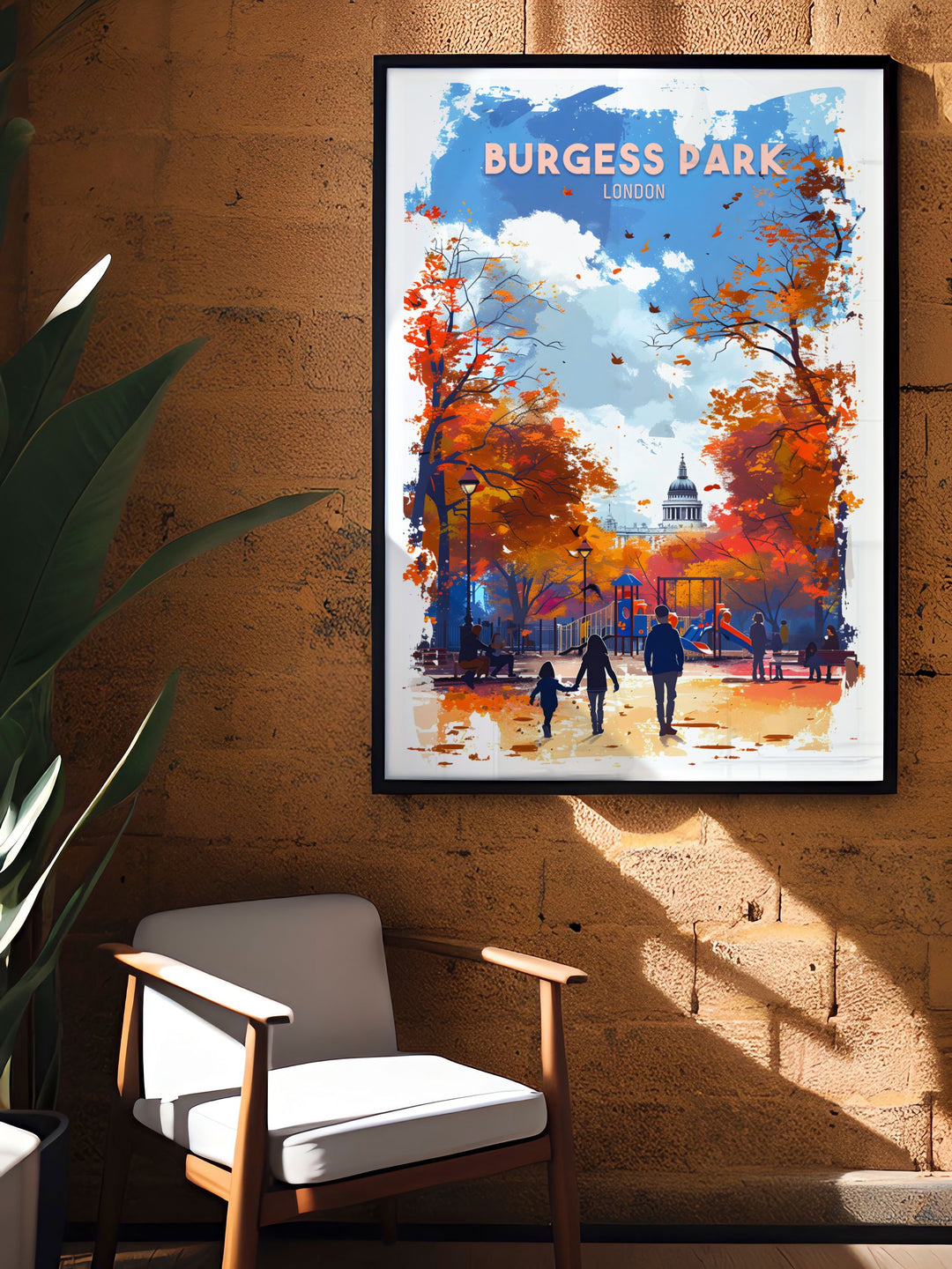 Captivating framed art of Burgess Park Playground, designed to bring the lively and inviting atmosphere of this urban green space into your home. Ideal for nature lovers and art enthusiasts alike.