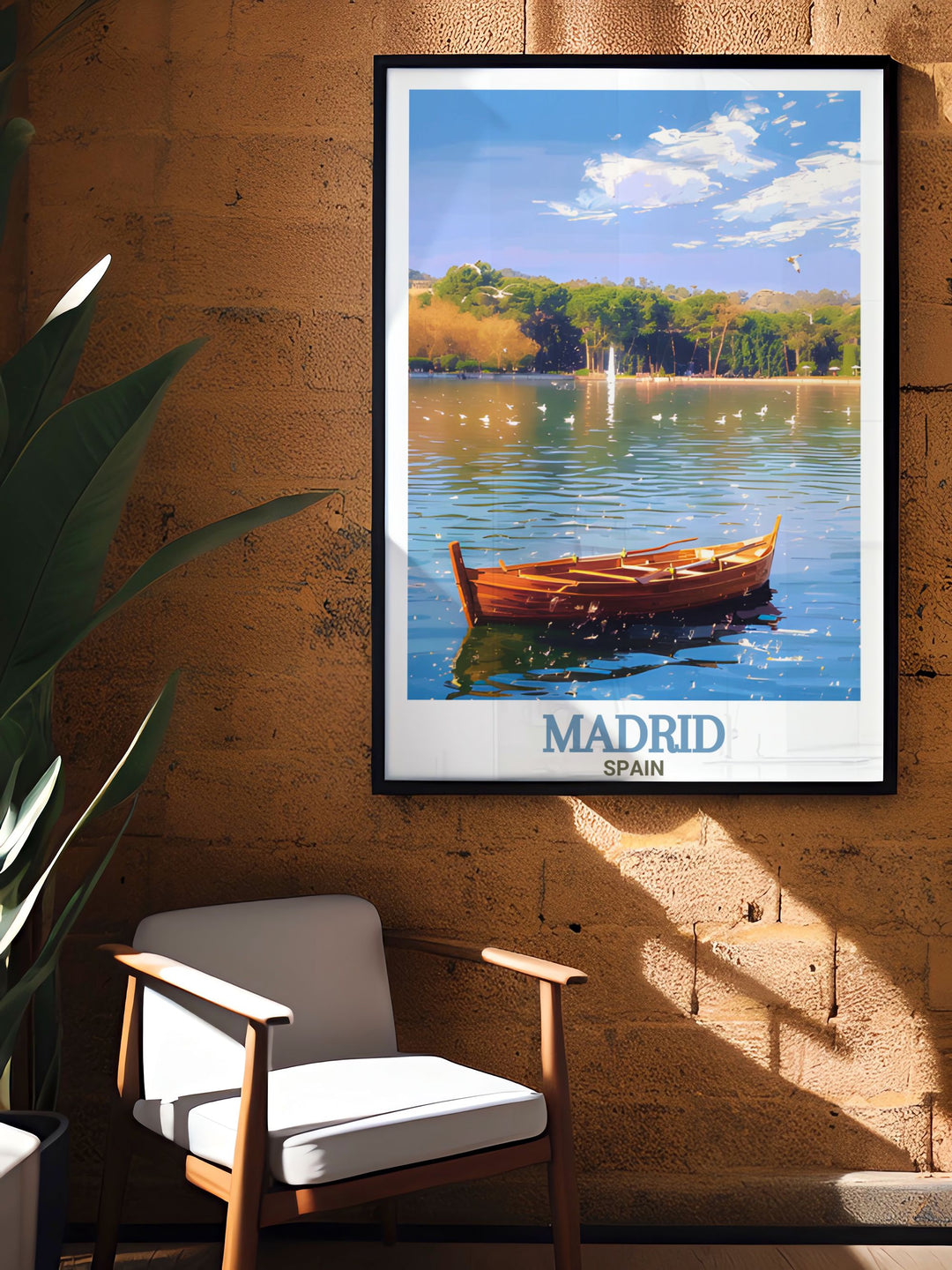 The Lake at Casa de Campo artwork brings Spanish serenity into your space featuring a minimalistic design that captures Madrids charm. A retro travel poster perfect for home or office decor adding a simple Spanish touch to any wall.