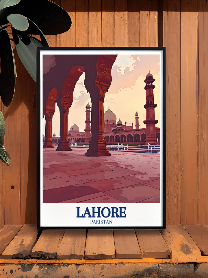 Celebrate the cultural and religious heritage of Lahore with this detailed wall print of the Badshahi Mosque, highlighting the mosques impressive scale, intricate design, and its significance as a center of Islamic worship and Mughal architecture, ideal for historical and cultural enthusiasts.