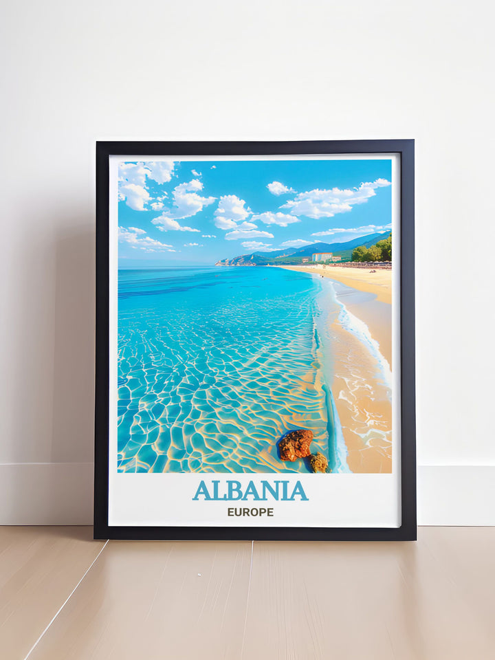 Detailed Dhermi Beach Wall Art offering a stunning depiction of Albanias coastal beauty with rich colors and fine details suitable for adding a stylish touch to your living space or as a personalized gift for special occasions