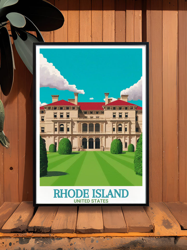 This vintage style travel poster print of The Breakers in Newport, Rhode Island, offers a timeless representation of the mansions beauty. The artwork showcases the opulent details of the landmark, making it an exquisite piece for art collectors and history buffs.