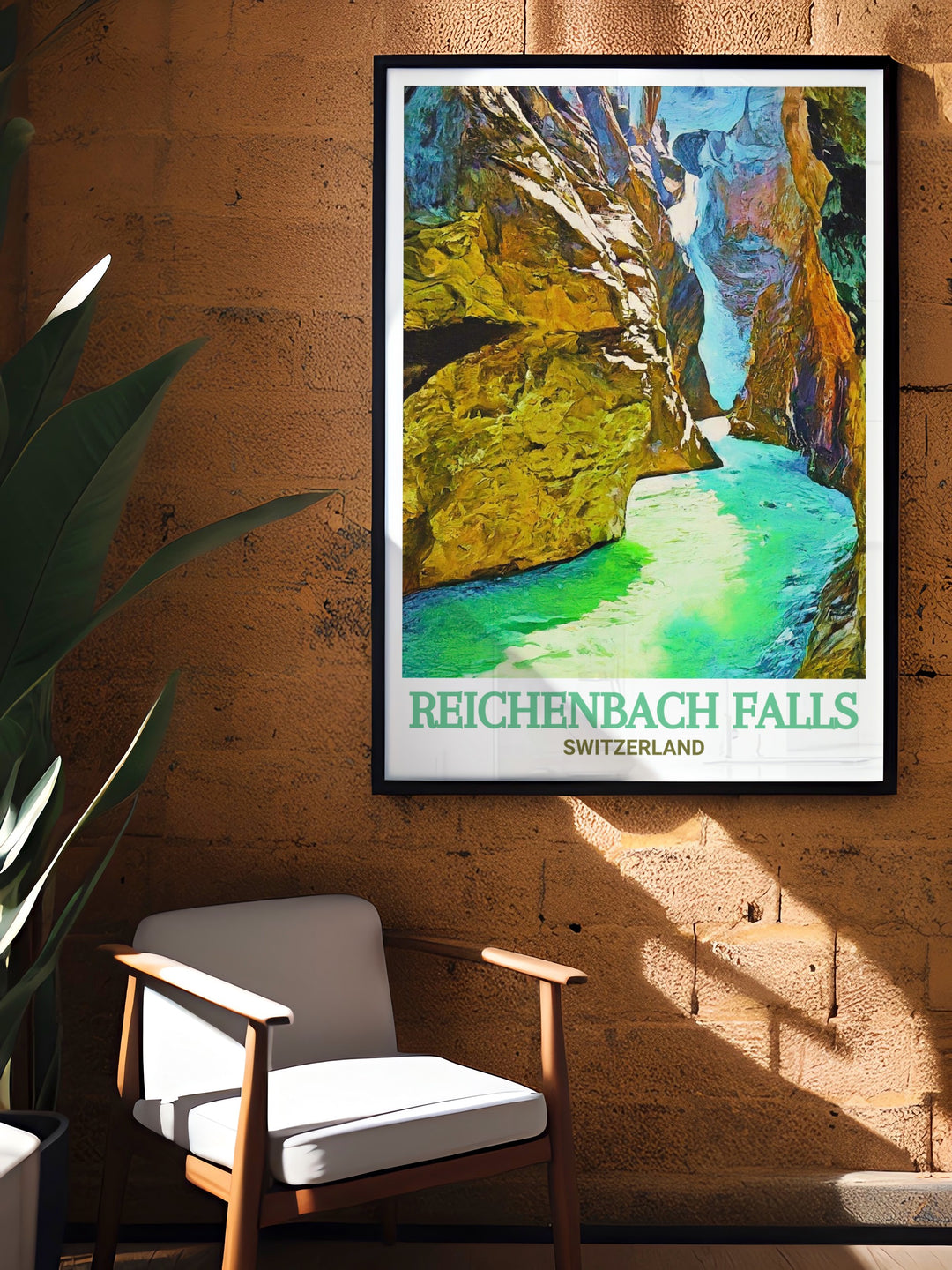 This captivating Switzerland travel print features Reichenbach Falls and Rosenlaui Glacier Gorge, showcasing the dramatic landscape of the Bernese Alps. The artwork is perfect for wall decor or as a thoughtful gift for those who appreciate nature and adventure.