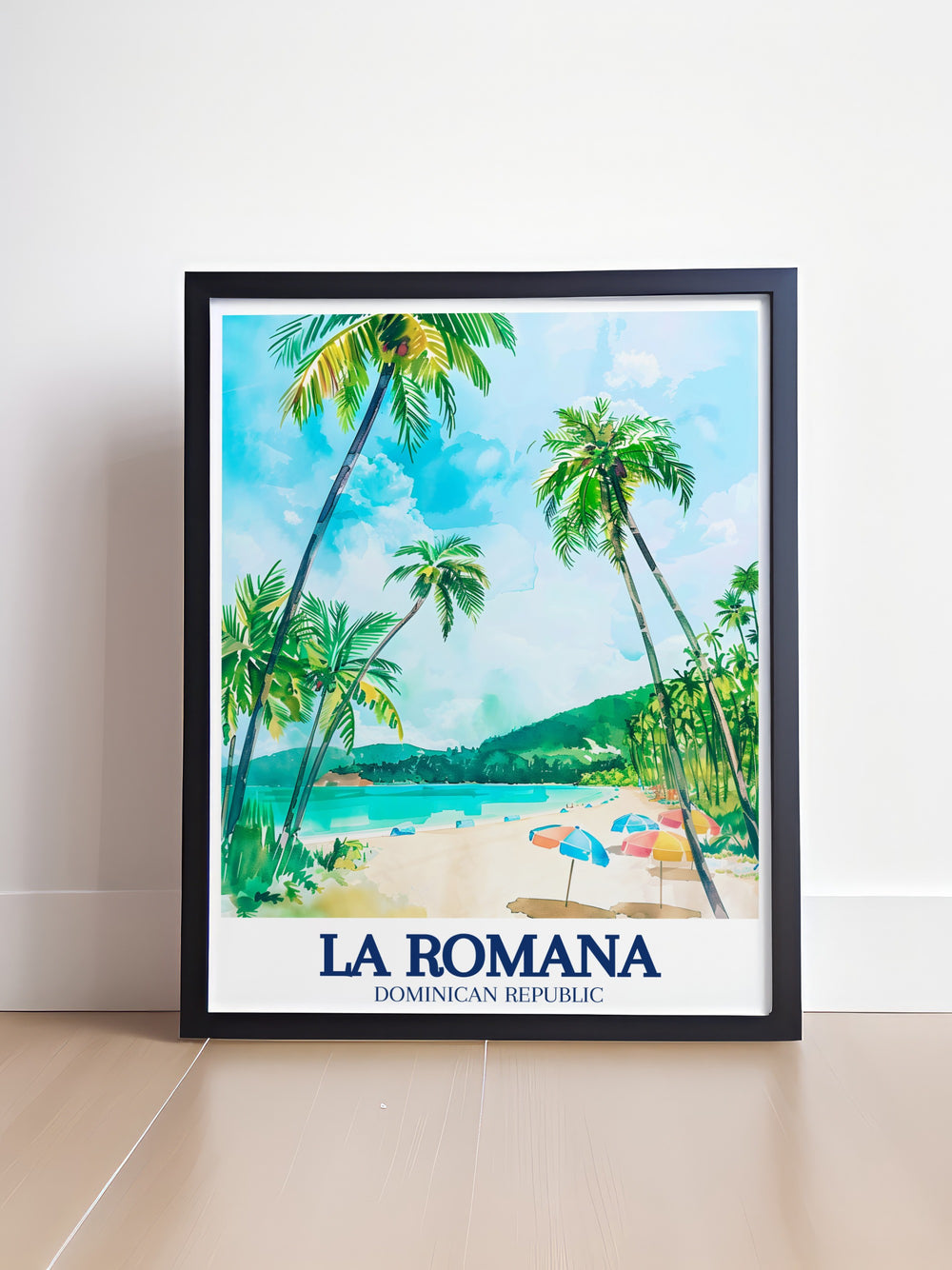 Stunning travel poster featuring the vibrant scenery of La Romana, showcasing Bayahibe Beach and the Dominican Republic National Park. Perfect for anyone looking to bring Caribbean decor into their home, this art print adds a touch of tropical serenity to any space.