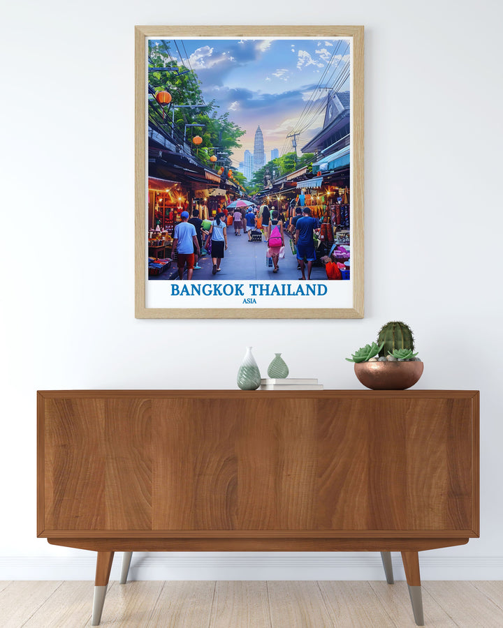 Home decor inspired by the dynamic atmosphere of Chatuchak Market, showcasing an array of Thai crafts and foods, perfect for culinary and culture enthusiasts.
