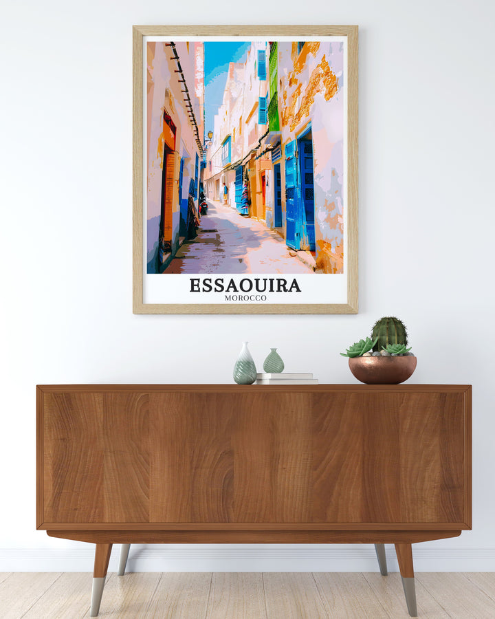 Immerse yourself in the beauty of Moroccos Essaouira Old Town with this travel poster. Featuring intricate designs and vibrant colors, this artwork captures the magic of Moroccan architecture. A perfect addition to any space, this poster will transport you to the historic streets of Essaouira.