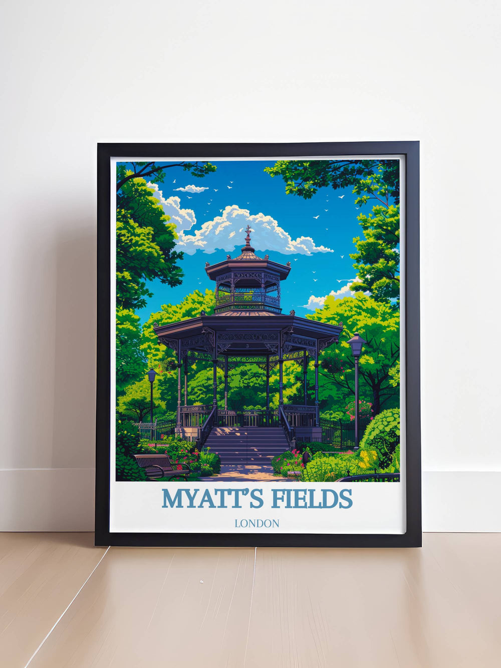 Stunning Framed Print of The Bandstand offering a retro London aesthetic with detailed views of Myatts Fields Park and Camberwell parks perfect for home decoration