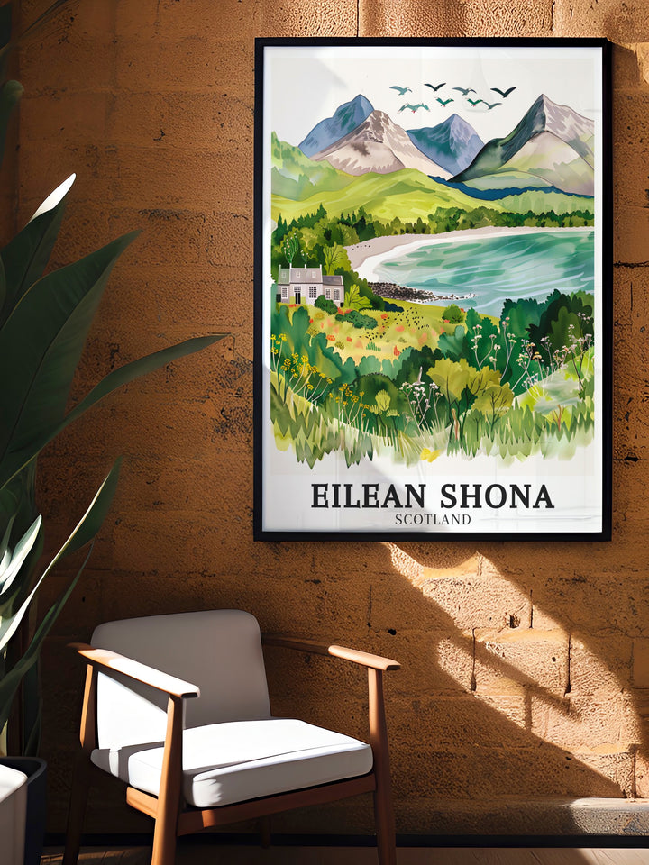 Eilean Shona Travel Posters. Highlighting the iconic landscapes of Eilean Shona, Eilean Shona House, and the Rum Cuillin mountains, these travel posters are perfect for adding a touch of adventure to your home decor.