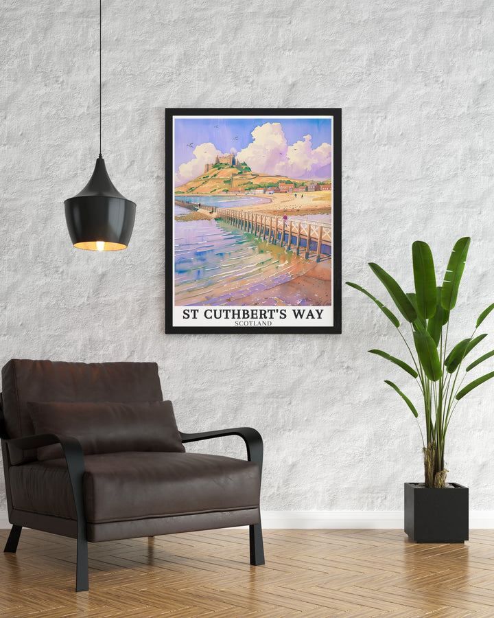 The iconic landmarks of Lindisfarne Priory Holy Island and Lindisfarne Castle are featured in this beautifully crafted St Cuthberts Way poster making it a standout piece for those who appreciate Northumberland prints and vintage hiking art