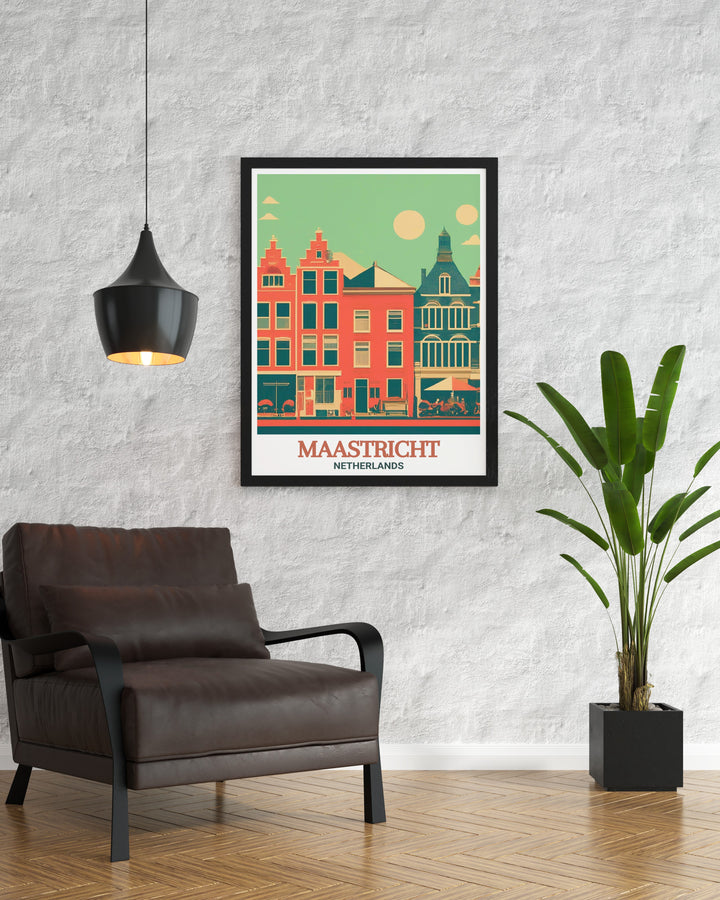 Maastricht Wall Art featuring the historic Vrijthof Square in the Netherlands. This art print beautifully captures the vibrant atmosphere and architectural elegance of the square, making it a stunning addition to any home decor. Ideal for history enthusiasts and art lovers, this Netherlands Travel Art brings a piece of Maastricht into your living space