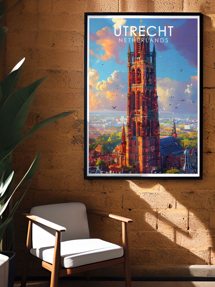 Bring a piece of Utrecht into your home with this wall art featuring the Dom Tower. The artwork highlights the majestic Gothic architecture of the tower, making it an ideal gift for architecture lovers and travelers.