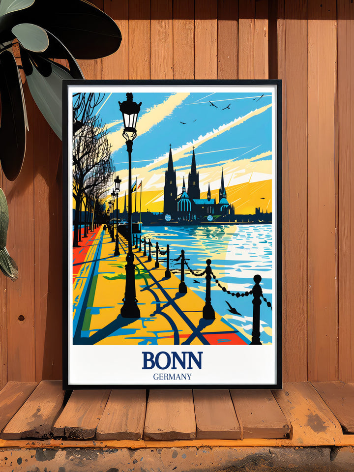 Bring the historical charm of Bonn into your home with this Rhine River art print. The gentle flow of the river against Bonns skyline creates a peaceful scene, ideal for adding a reflective and serene touch to your living space