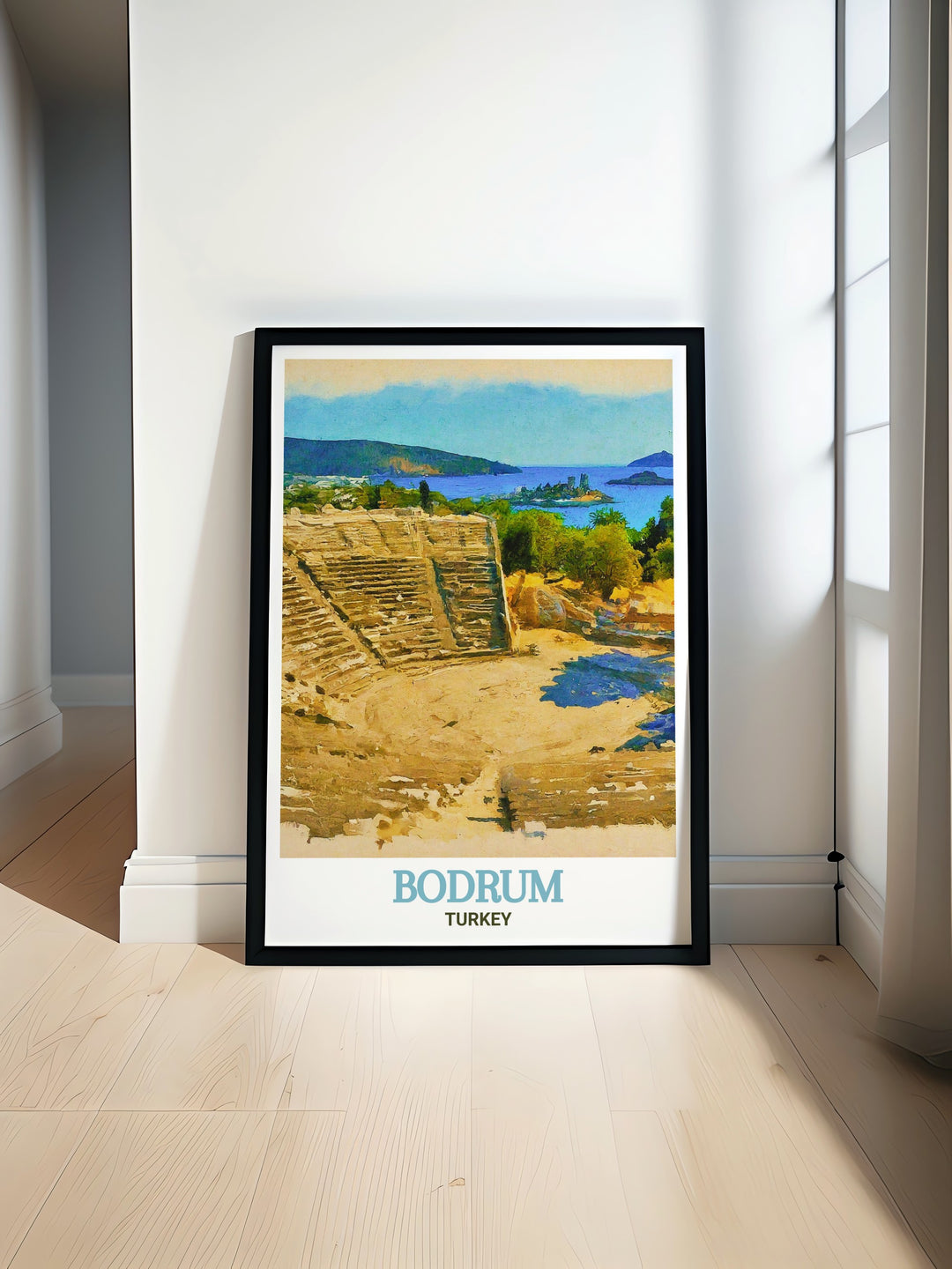 Bodrum Amphitheatre art print showcasing the historic beauty of Bodrum in Turkey perfect for adding a touch of culture to your home decor. This stunning Turkey wall art features intricate details of the ancient amphitheatre in a timeless and elegant style.