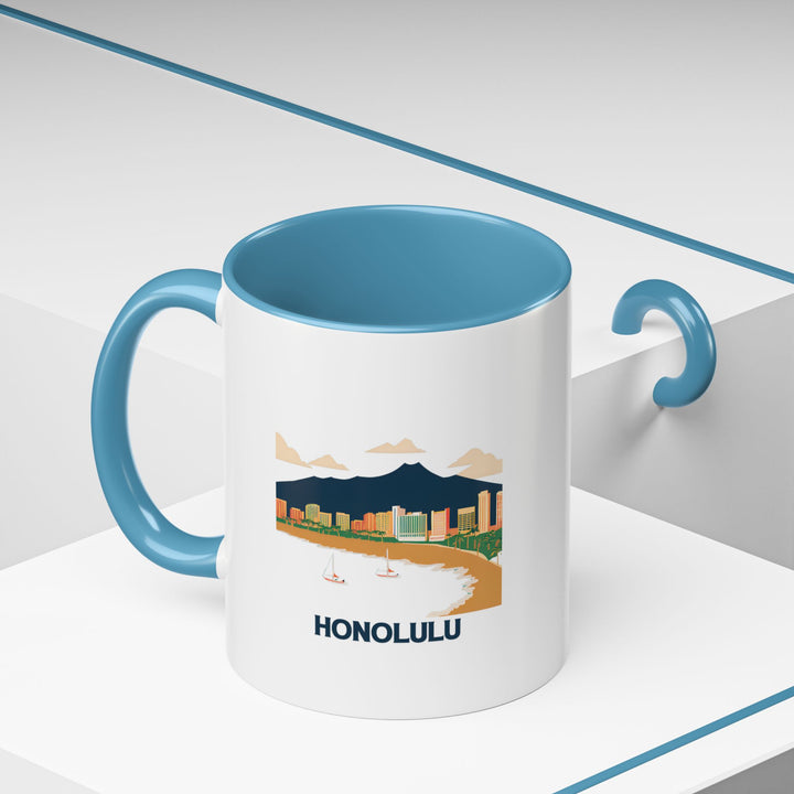 Relive your Hawaiian adventures with this elegant Honolulu ceramic mug. Dishwasher-safe and practical, it features eye-catching artwork, making it an excellent gift or souvenir.