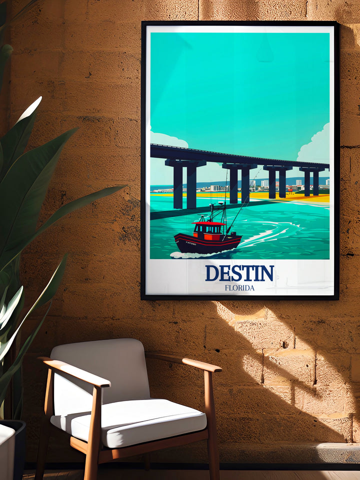 Destin Harbor Bridge wall art featuring the stunning views and vibrant energy of Floridas coast. This travel print is a perfect addition to any beach themed decor, offering a visual escape to the shores of Destin, Florida.