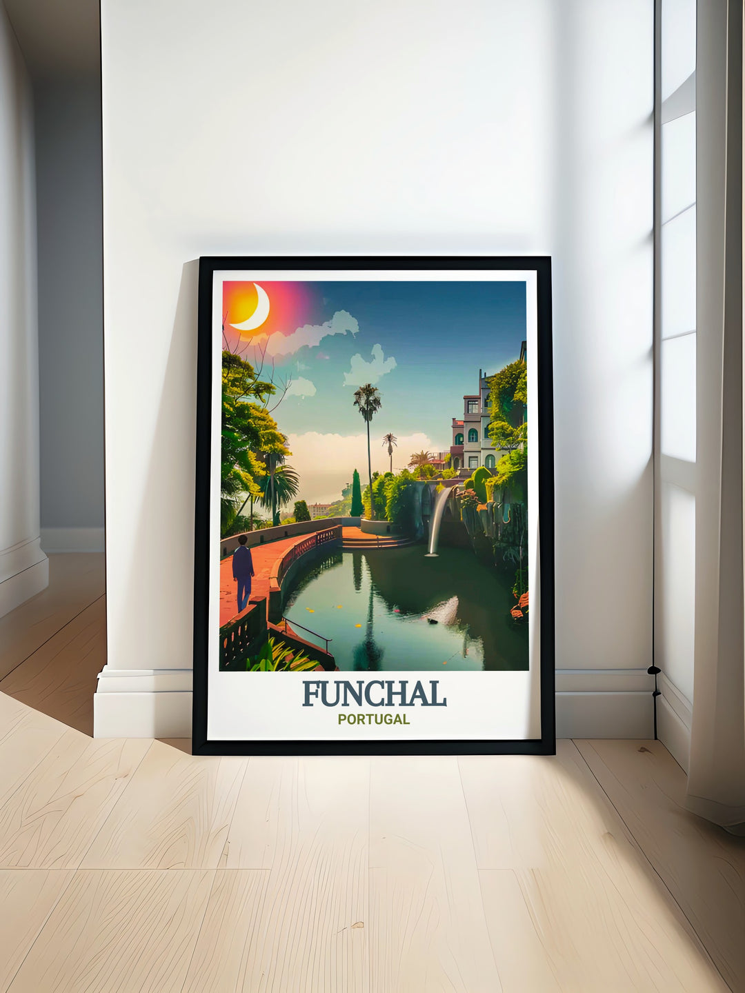 Experience the beauty of Monte Palace Tropical Garden with this Funchal wall art. The detailed depiction of the gardens lush greenery and serene atmosphere makes this travel poster a standout piece for any home, offering a touch of Portugals natural charm and elegance.