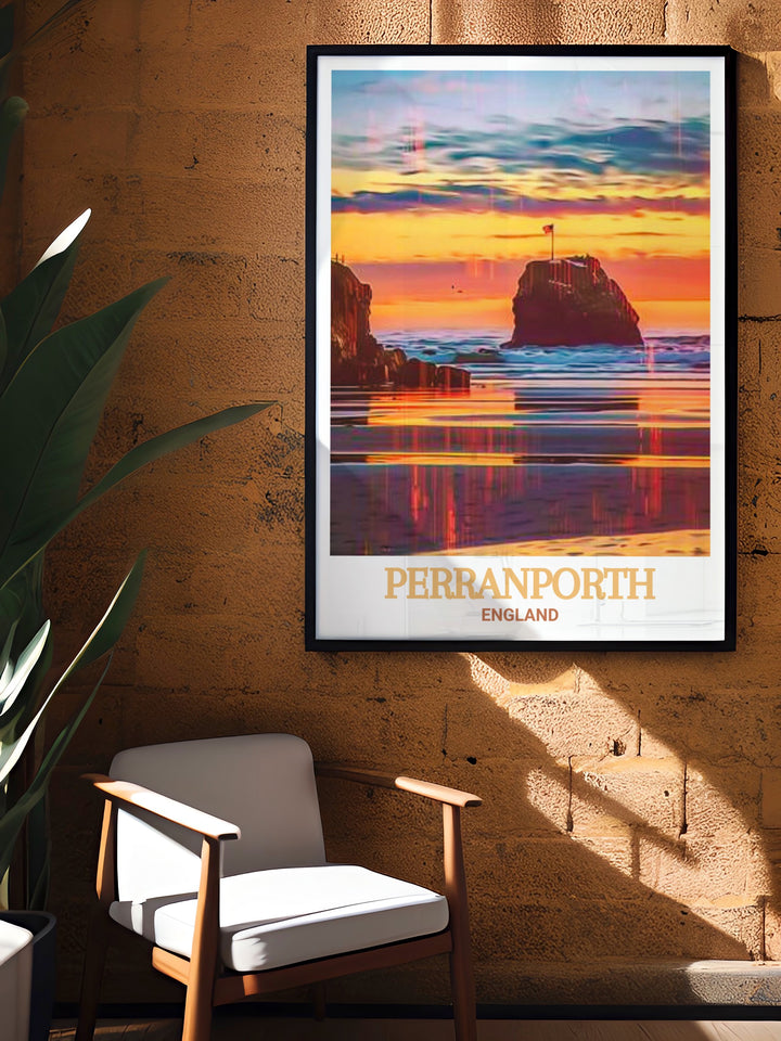 . Stunning travel poster of Chapel Rock, showcasing the breathtaking scenery of Perranporth in England. A perfect gift for nature and art lovers. The vibrant colors and intricate details capture the serene ambiance of this famous destination.