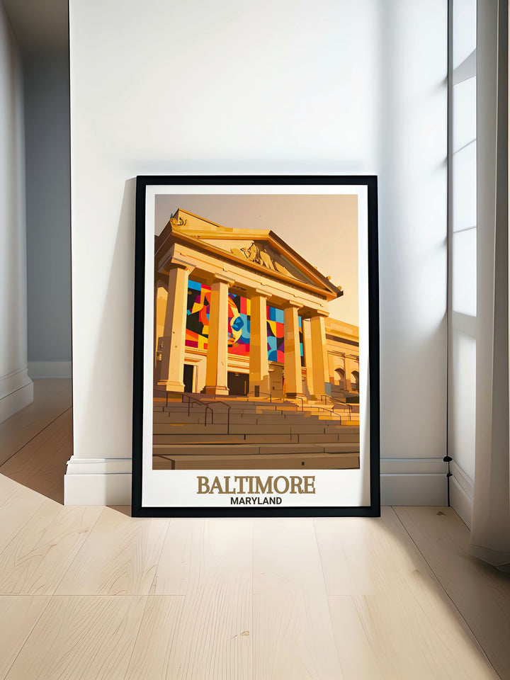 Baltimore Museum of Art travel poster capturing the essence of Baltimore with detailed black and white street map and fine line print perfect for home decor and art enthusiasts who appreciate the citys rich cultural heritage and urban sophistication