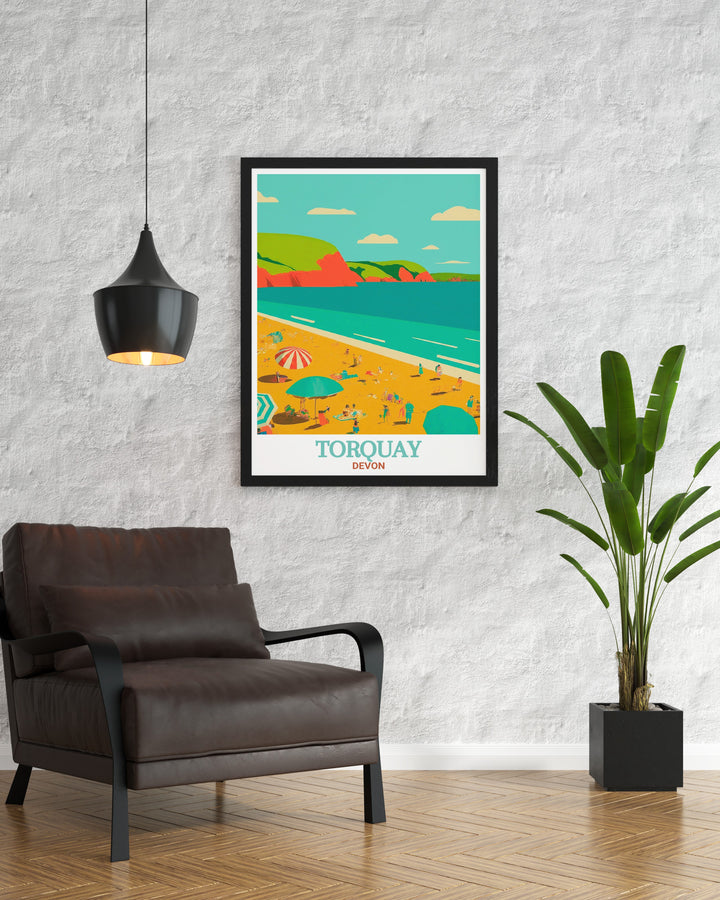 This Devon travel poster features the stunning Meadfoot Beach in Torquay. The vintage style design, paired with the beautiful depiction of the beach, makes it a great choice for coastal themed home decor and a thoughtful gift for ocean lovers.