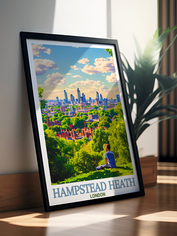 Bring the tranquility of Hampstead Heath into your home with this art print, focusing on Parliament Hills breathtaking views. A beautiful gift for anyone who loves Londons parks and nature.