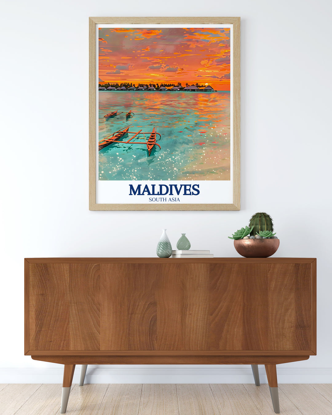 Indian Ocean Travel Poster featuring the idyllic Baglioni Resort on Maagau Island, Maldives. The poster captures the essence of a tropical paradise, with detailed imagery of the resorts surroundings, making it an ideal gift for travelers and ocean lovers.