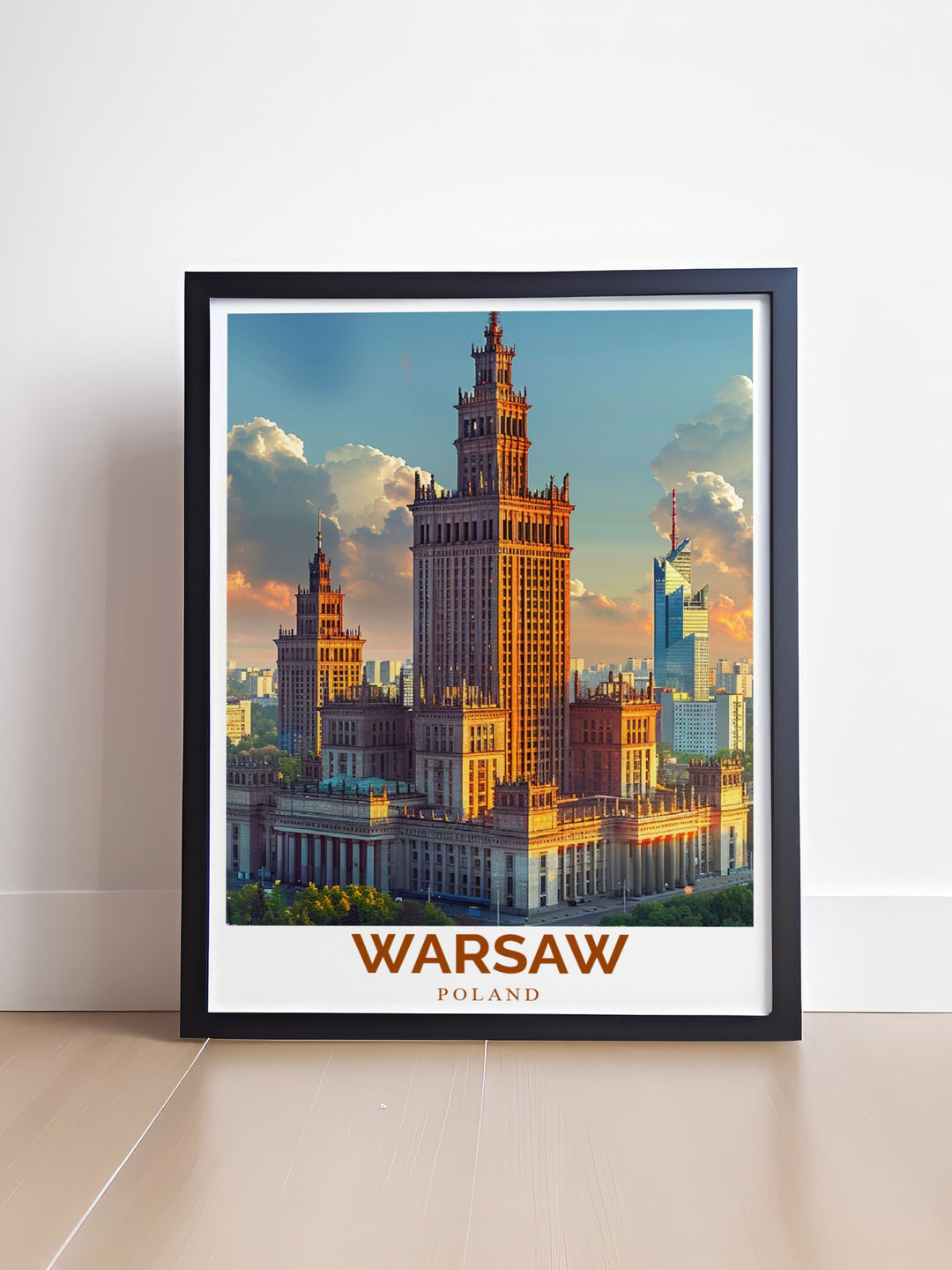 Warsaw cityscape poster print featuring the Palace of Culture and Science adds a unique cultural touch to any space offering a stunning representation of Polish architecture perfect for adding sophistication to your living room or office decor.