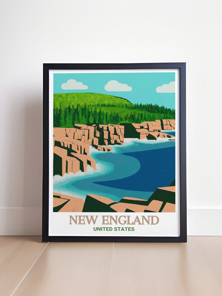 This framed print of Acadia National Park celebrates the beauty of the New England Trail and other iconic hiking routes. With vintage travel art vibes it is an ideal piece for anyone who loves national scenic trails and thru hiking experiences.