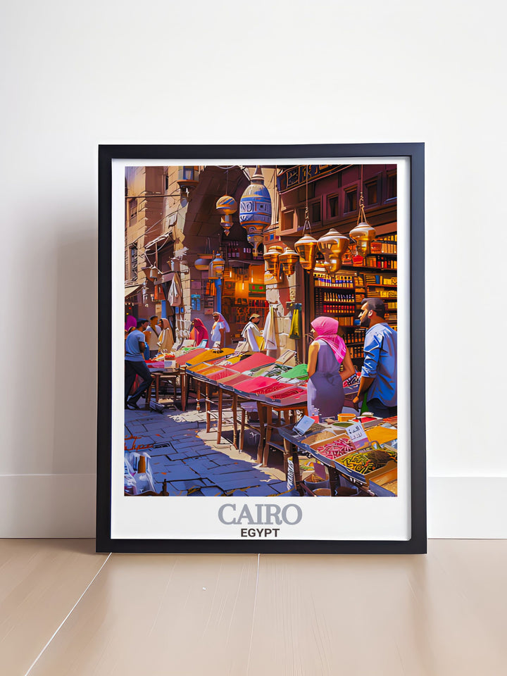 Bring the magic of Cairo to your walls with this vintage style Khan El Khalili Bazaar travel poster a perfect decor piece for any room and a great gift for travelers and art lovers