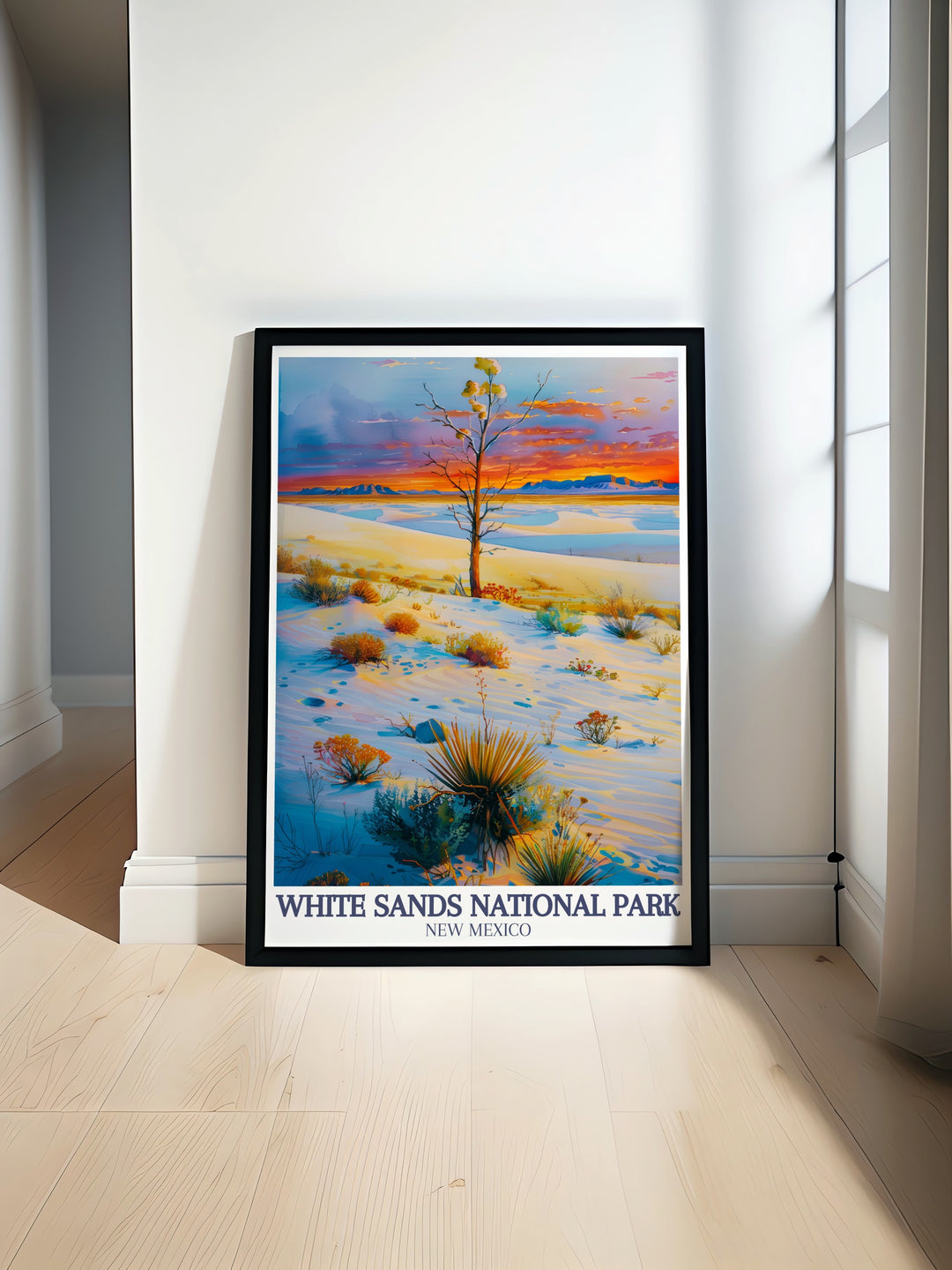 White Sands National Park art print featuring the stunning San Andres Mountains and the beautiful Chihuahuan Desert perfect for adding elegant home decor and capturing the serene beauty of nature ideal for living room wall decor and travel enthusiasts.